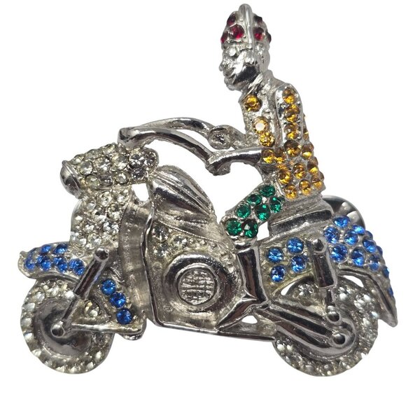 ORA Vintage Masonic Shriner Motorcycle Rhinestone Silver Tone Brooch - Picture 1 of 3